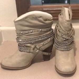 Faux leather boots with silver studs & rhinestones.